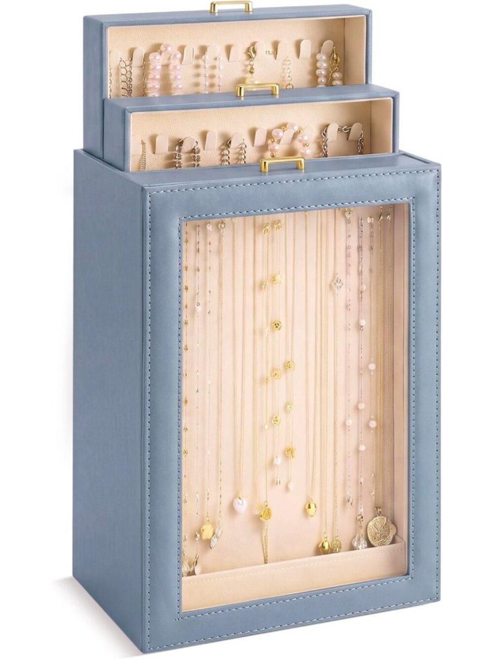 3 Layer Vertical Necklace Organizer Box - Foggy Blue Jewelry Storage Solution